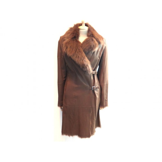 NEUF MANTEAU LONG BALMAIN CUIR & FOURRURE 36 S MARRON LEATHER & FUR COAT 1090€