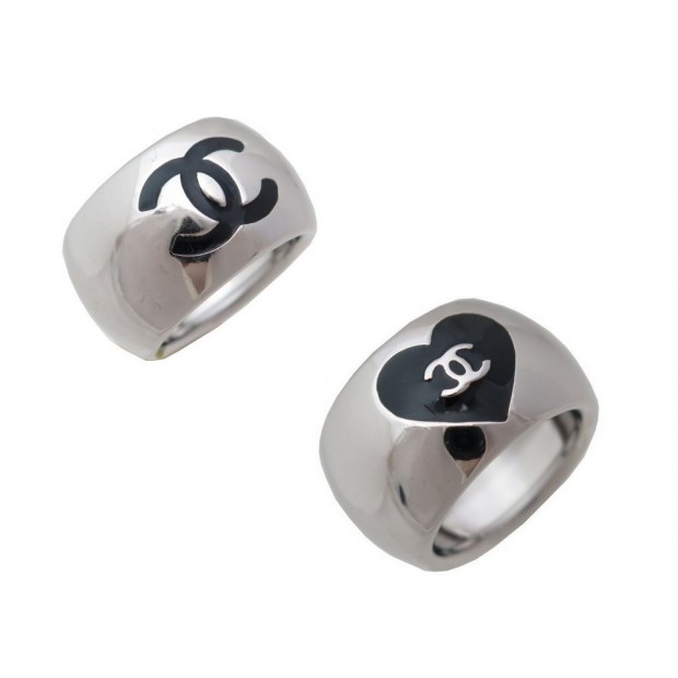 BAGUE CHANEL T52 EN METAL ARGENTE LOGO CC ET MOTIF COEUR NOIR SILVER RING 420