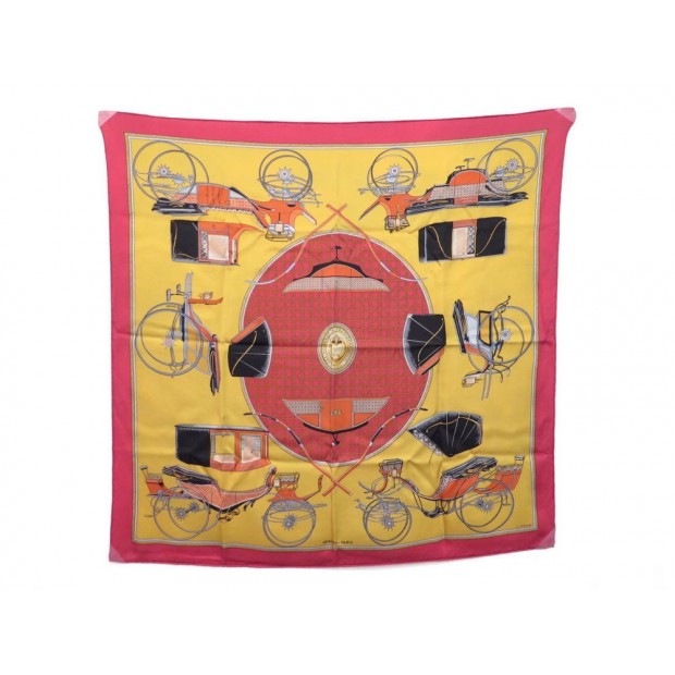 FOULARD HERMES LES VOITURES A TRANSFORMATION CARRE 70 CM SOIE JAUNE SCARF 265€