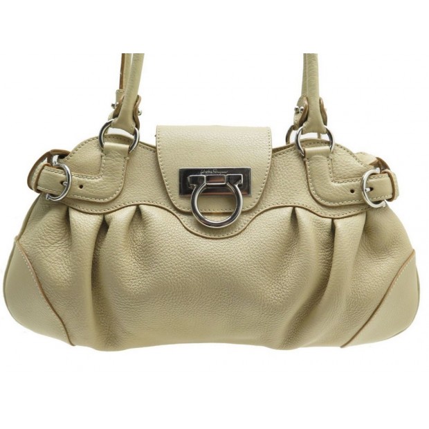 NEUF SAC A MAIN SALVATORE FERRAGAMO AU-216317 CUIR GRAINE BEIGE HAND BAG 1000