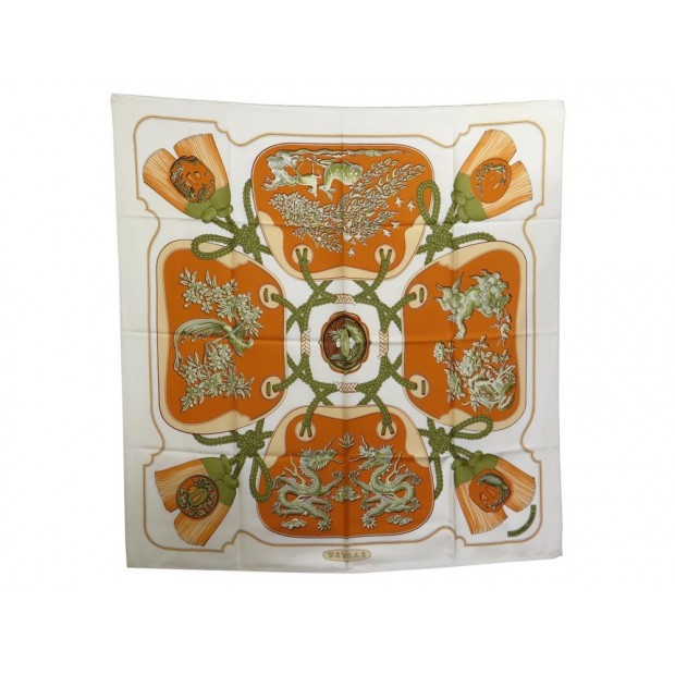 VINTAGE FOULARD HERMES TSUBAS VAUZELLES CARRE EN SOIE BLANC & ORANGE SCARF 350€