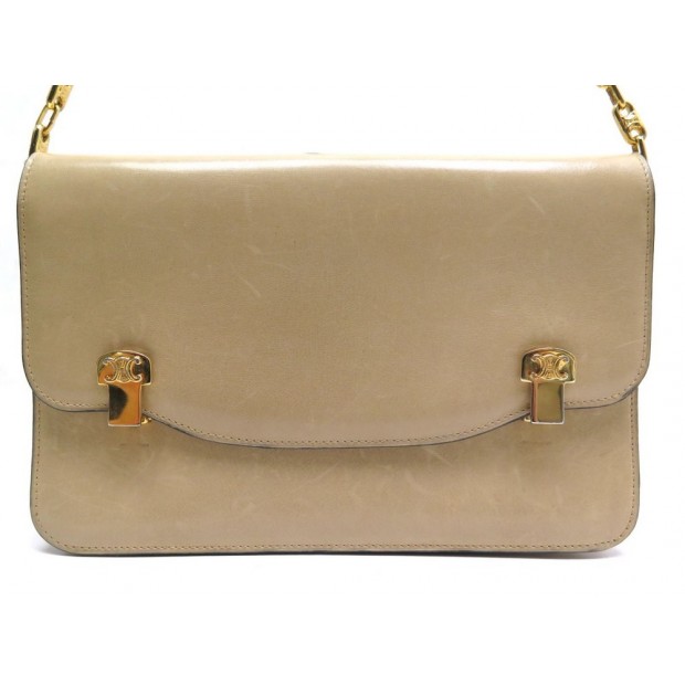 VINTAGE SAC A MAIN CELINE POCHETTE 23 CM PORTE EPAULE CUIR BEIGE LEATHER HANDBAG