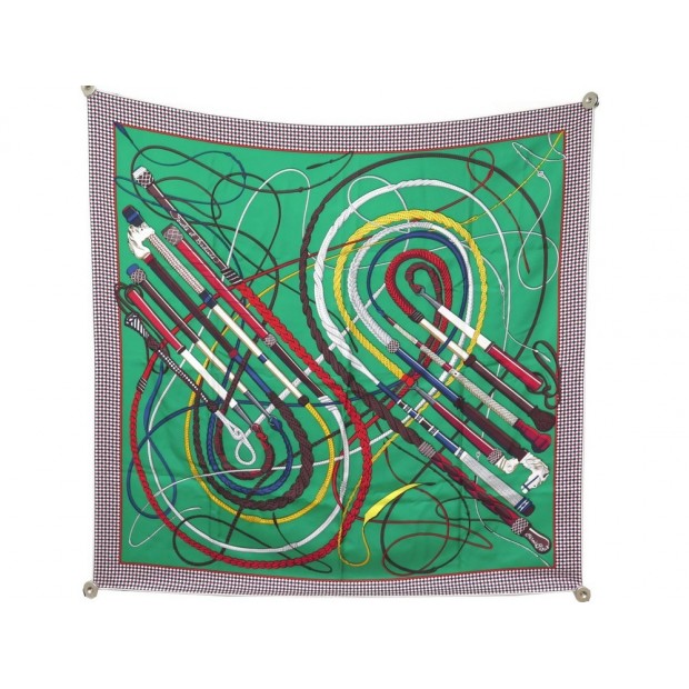 NEUF FOULARD HERMES FOUETS ET BADINES VIRGINIE JAMIN SOIE VERT SILK SCARF 370€