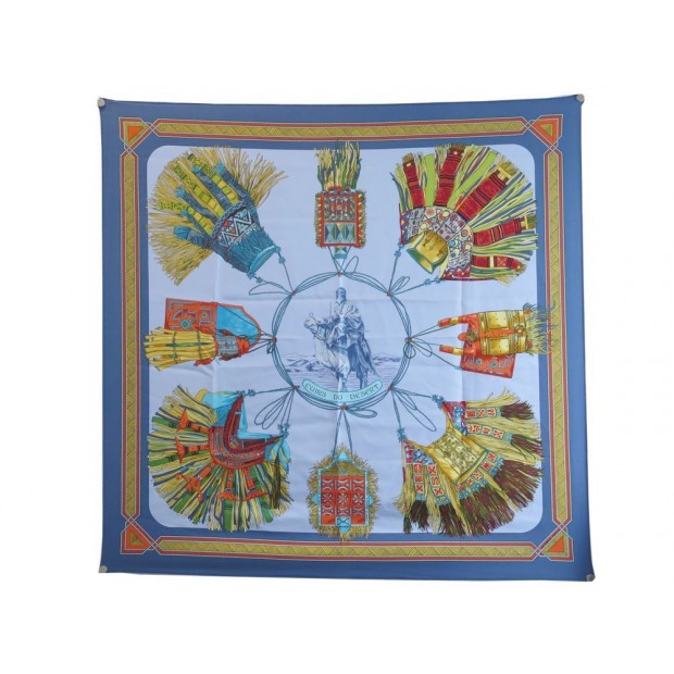 FOULARD HERMES CUIRS DU DESERT CARRE EN SOIE BLEUE F. PERRIERE SCARF 