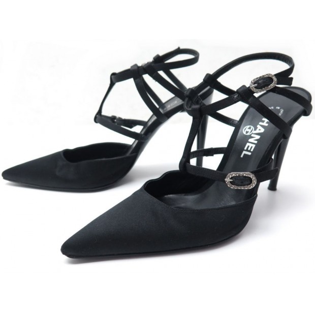 CHAUSSURES CHANEL ESCARPINS A BRIDES 39.5 EN SATIN NOIR BLACK SHOES 650€