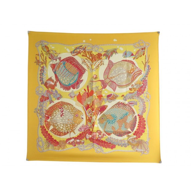 FOULARD HERMES GRAND FOND A. FAIVRE CARRE 90 SOIE JAUNE YELLOW SILK SCARF 380