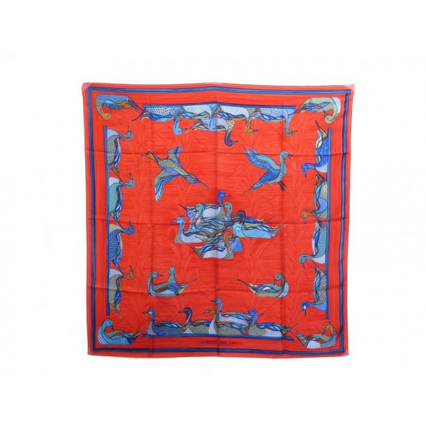 VINTAGE FOULARD HERMES LA MARE AUX CANARDS 100% SOIE ROUGE 