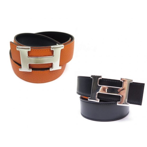 NEUF CEINTURE HERMES T 105 BOUCLE H REVERSIBLE CUIR NOIR TOGO ORANGE BELT 635€