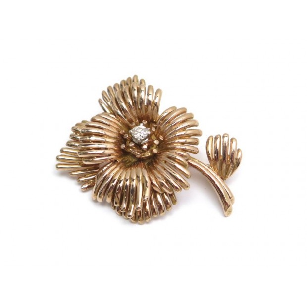 VINTAGE NEUF BROCHE FLEUR EN OR ROSE 18K 12GR DIAMANT 0.18CT GOLD DIAMOND BROOCH