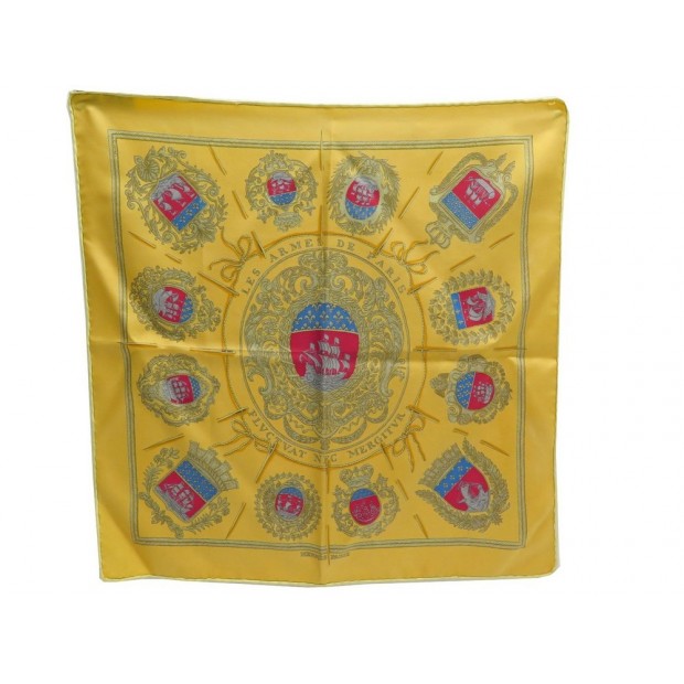 FOULARD HERMES GAVROCHE LES ARMES DE PARIS GRYGKAR EN SOIE JAUNE 45CM SCARF 170€