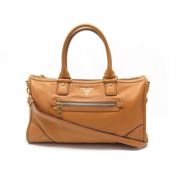 SAC A MAIN PRADA 38 CM EN CUIR GRAINE CAMEL HAND BAG BROWN LEATHER PURSE 2600