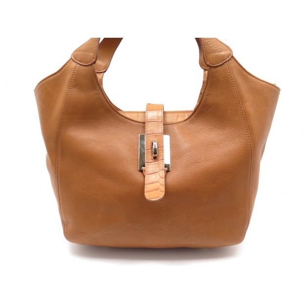 SAC A MAIN RENOUARD CUIR GRAINE & FACON CROCO CAMEL LEATHER HAND BAG PURSE 369€