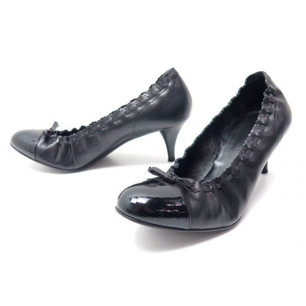 CHAUSSURES CHANEL BALLERINES ELASTIQUE TALONS 37 CUIR NOIR BALLERINA SHOES 690