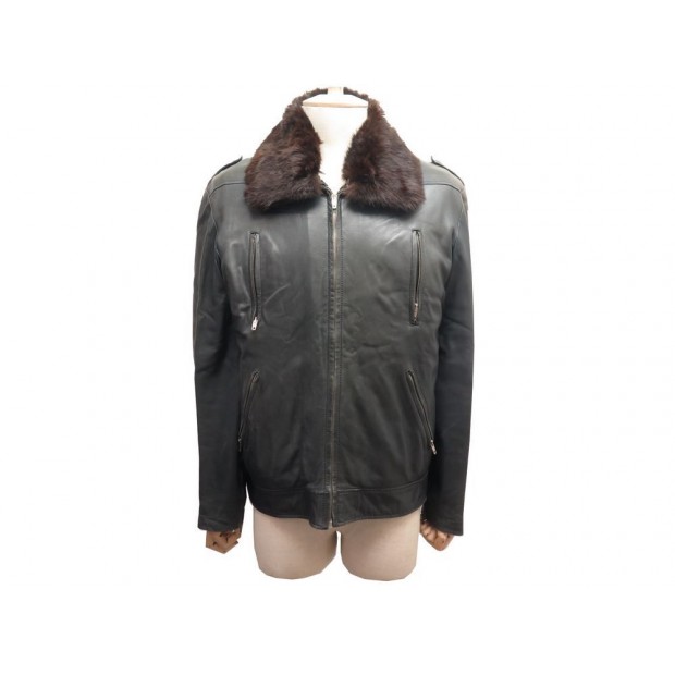 BLOUSON AVIATEUR DE CUIR HERMES 54 AGNEAU DOUBLURE AMOVIBLE FOURRURE 