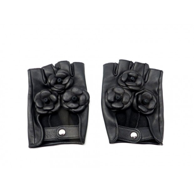 PAIRE DE GANTS CHANEL MITAINES CAMELIA CUIR NOIR TAILLE 7 