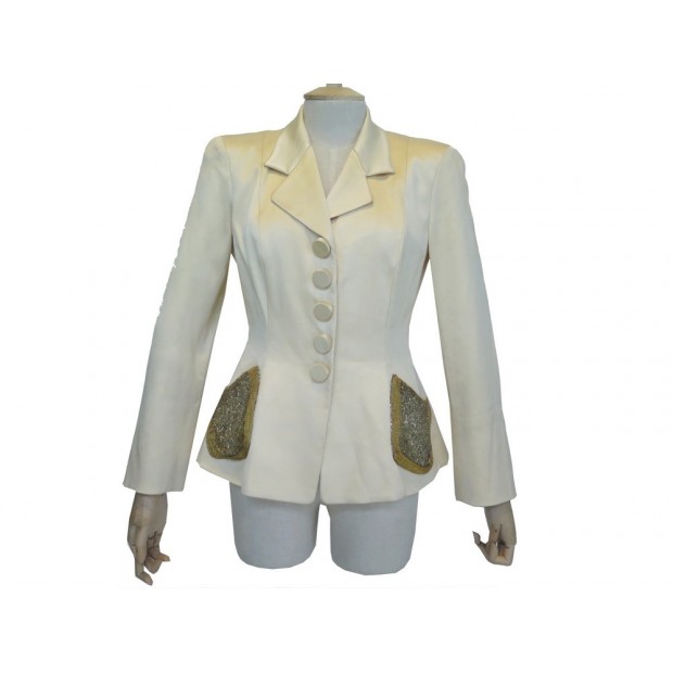 VESTE CINTREE CHRISTIAN DIOR TAILLE 38 M SOIE BEIGE & PERLES SILK JACKET 3100€