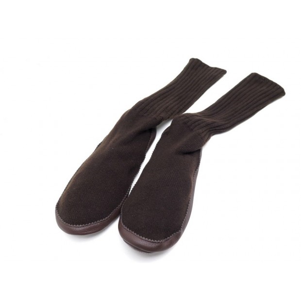 NEUF CHAUSSONS HERMES CHAUSSETTES XL CACHEMIRE & CUIR MARRON BROWN SLIPPERS 460
