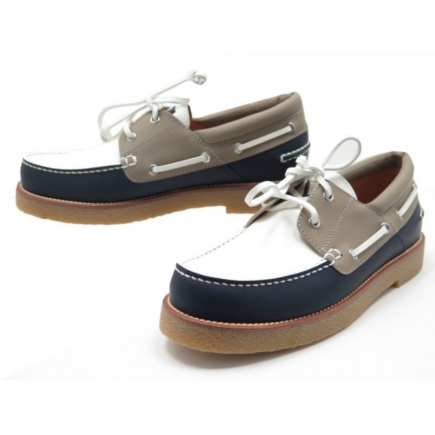 NEUF CHAUSSURES BATEAU 6.5 40.5 BEIGE & BLEU CUIR SAILOR BOAT SHOES LEATHER 500