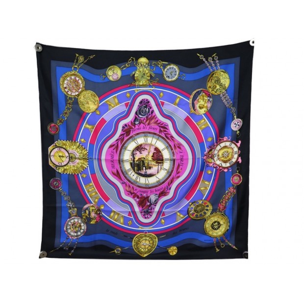 FOULARD HERMES LA RONDE DES HEURES LOIC DUBIGEON CARRE 90 SOIE NOIR SCARF 370€