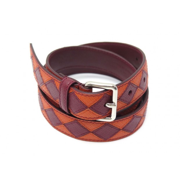 NEUF CEINTURE PRADA 2CM073 T 90 CUIR SAFFIANO INTARS BORDEAUX & ORANGE BELT 360€