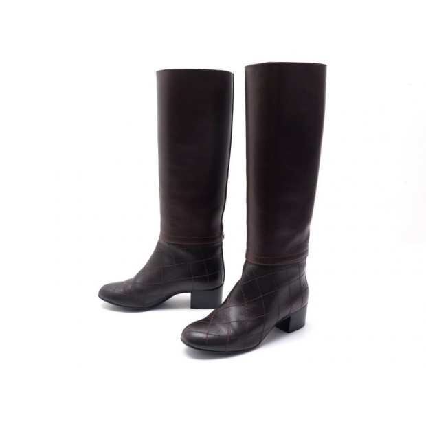 BOTTES CHANEL G29389 CAVALIERES 37.5 CUIR MARRON MATELASSE QUILTED BOOTS 1230€