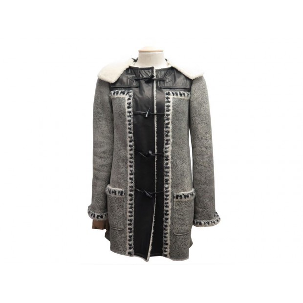 MANTEAU CHANEL T 36 S PEAU LAINEE AGNEAU CREME & CUIR NOIR SHIERLING COAT 6900€