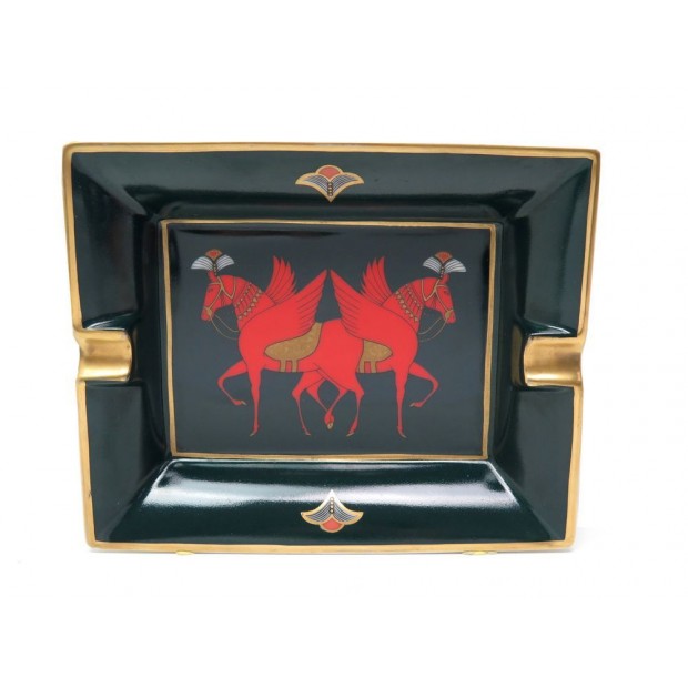 CENDRIER VIDE POCHE HERMES EN PORCELAINE VERT MOTIF CHEVAUX ROUGE ASHTRAY 520