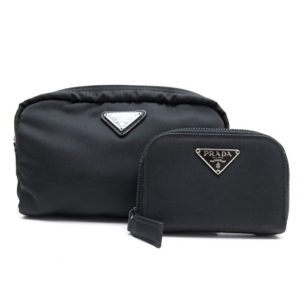 NEUF LOT TROUSSE + PORTE MONNAIE PRADA EN NYLON NOIR BLACK POUCH & WALLET 640€