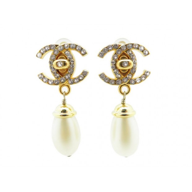 NEUF CHANEL BOUCLES D'OREILLES CHANEL PENDANTES 1996 DOREES PERLES EARRINGS 500€