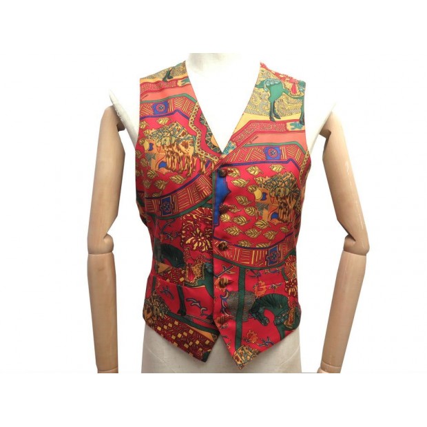 NEUF GILET HERMES SANS MANCHE L'ART DES STEPPES 48 M EN SOIE SILK WAISTCOAT 710€