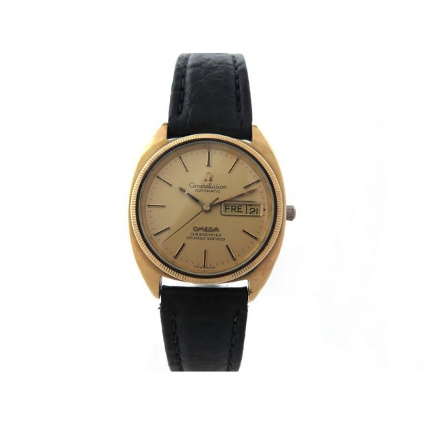 VINTAGE MONTRE OMEGA CONSTELLATION DAY DATE 36 MM AUTOMATIQUE PLAQUE OR ET CUIR