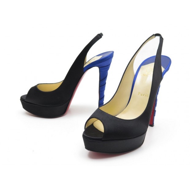 CHAUSSURES CHRISTIAN LOUBOUTIN PLISSETA ESCARPINS T39 EN SATIN NOIR & BLEU 410