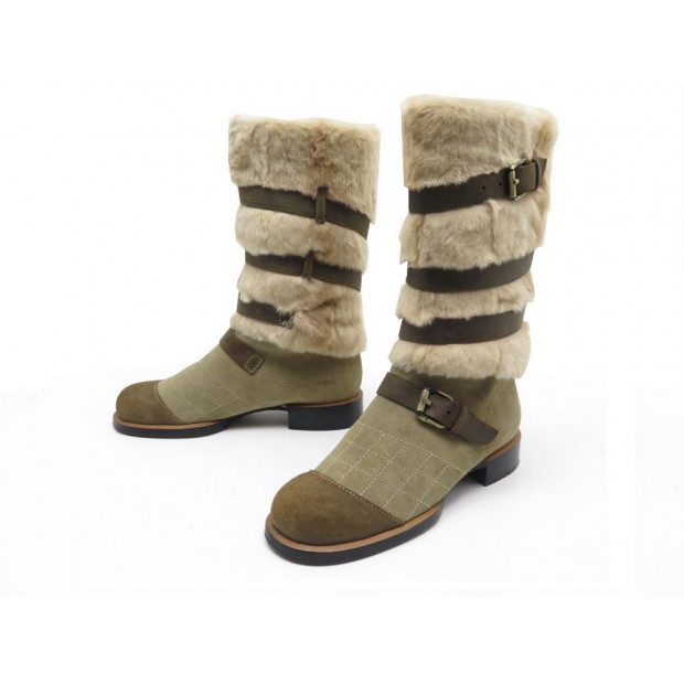 NEUF CHAUSSURES CHANEL BOTTES 39 FOURRURE LAPIN & NUBUCK CUIR SUEDE BEIGE 1200