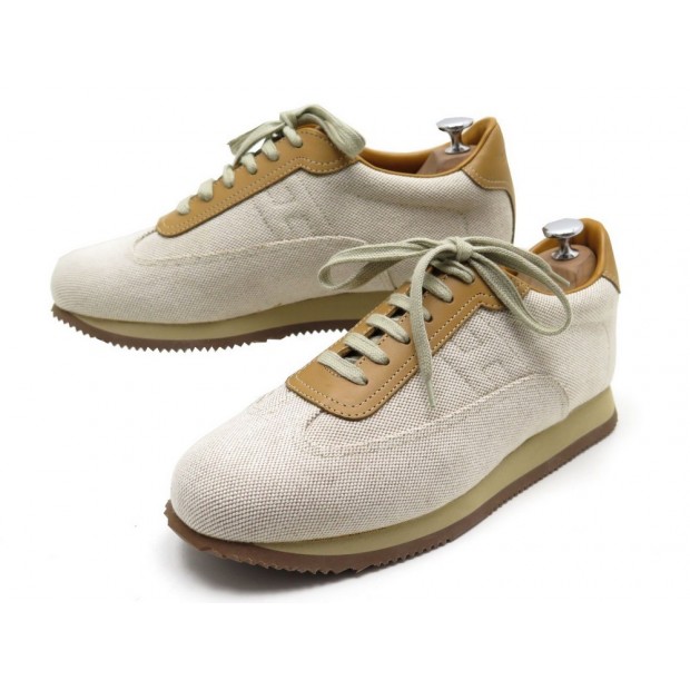 NEUF CHAUSSURES HERMES BASKETS QUICK H 43 TOILE BEIGE CUIR MARRON SNEAKERS 650