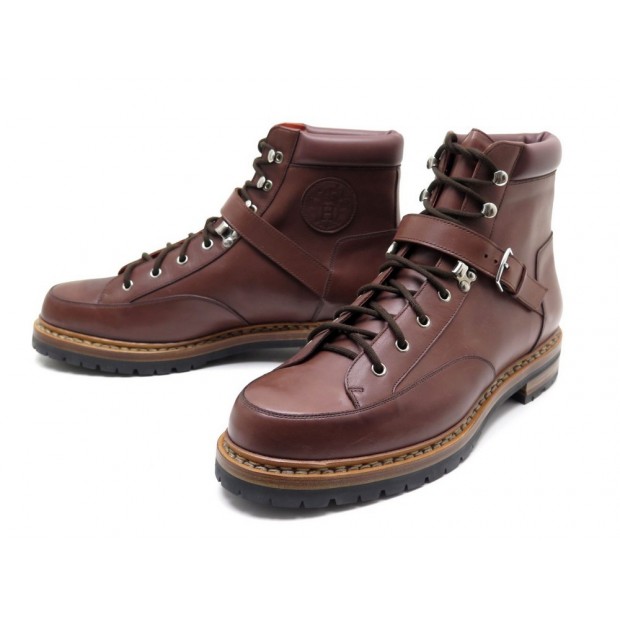 NEUF CHAUSSURES HERMES 43 BOTTILLONS A SANGLES CUIR MARRON HICKING BOOTS 1450€