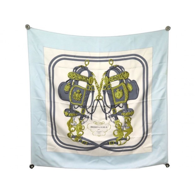 FOULARD HERMES BRIDES DE GALA PAR HUGO GRYGKAR SOIE BLEUE BLUE SILK SCARF 370€