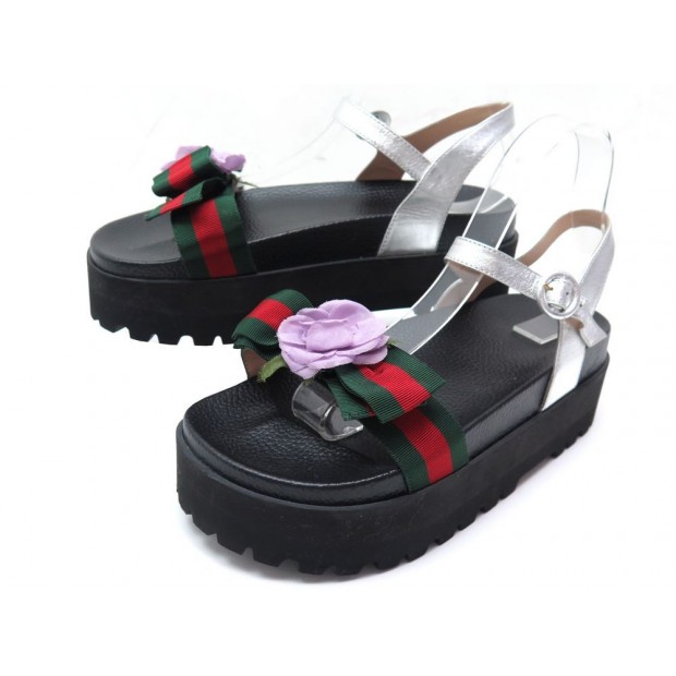 NEUF CHAUSSURES GUCCI 454661 39 IT 40 FR SANDALES COMPENSEES FLEUR BRODEE 690€