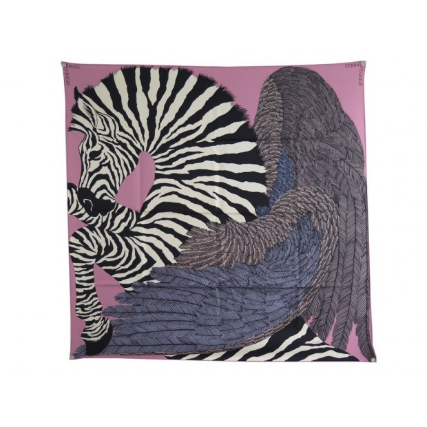 NEUF FOULARD HERMES ZEBRA PEGASUS ALICE SHIRLEY CARRE 90 EN SOIE ROSE SCARF 370