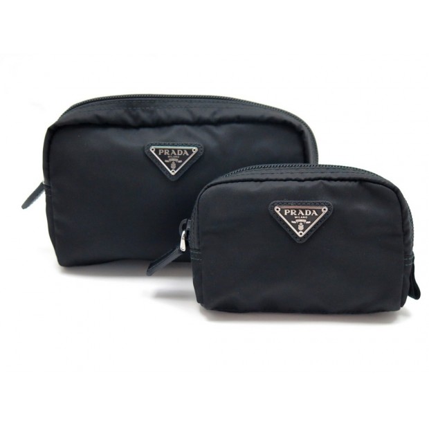 LOT DEUX POCHETTES PRADA TROUSSES DE TOILETTE EN NYLON NOIR TWO BLACK CLUTCH