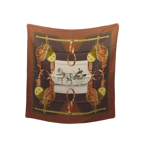 VINTAGE FOULARD HERMES CARRICK A POMPE LEDOUX CARRE SOIE MARRON SILK SCARF 370€