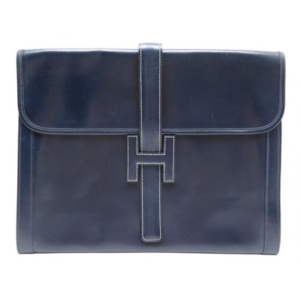 VINTAGE POCHETTE A MAIN HERMES JIGE GM EN CUIR BOX BLEU NAVY SAC CLUTCH 3100€