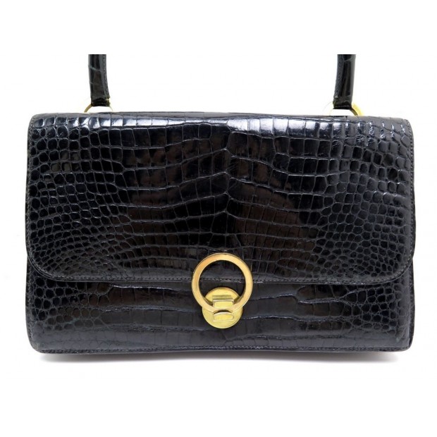 VINTAGE SAC A MAIN HERMES RING EN CUIR DE CROCODILE NOIR BLACK LEATHER HANDBAG