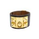 BRACELET MANCHETTE HERMES COLLIER DE CHIEN MEDOR EN CUIR NOIR METAL DORE 995€