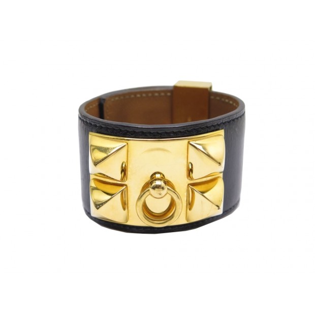 BRACELET MANCHETTE HERMES COLLIER DE CHIEN MEDOR EN CUIR NOIR METAL DORE 995€