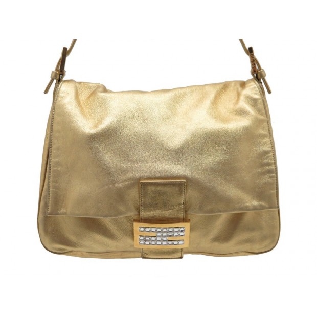 SAC A MAIN FENDI 27CM EN CUIR DORE FERMETURE STRASS GOLDEN LEATHER HANDBAG PURSE