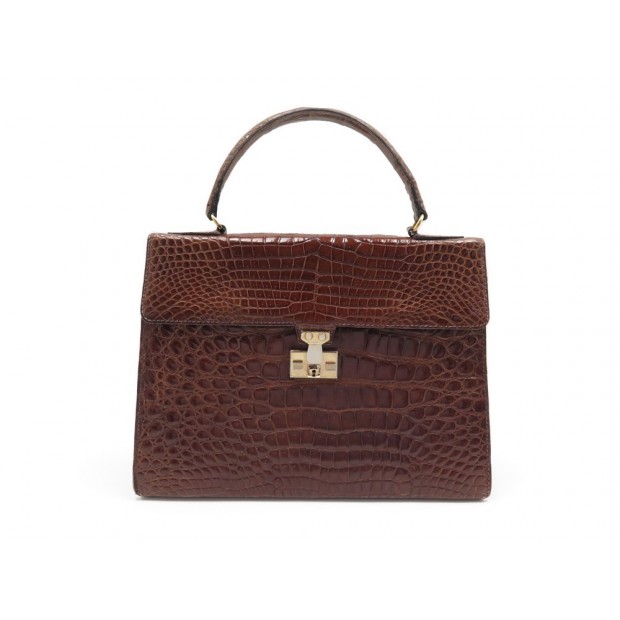 VINTAGE SAC A MAIN 28 CM EN CUIR DE CROCODILE MARRON PORTE MAIN LEATHER HAND BAG