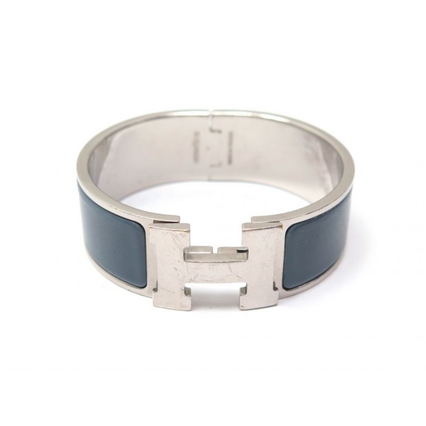 BRACELET HERMES CLIC CLAC H PM 20 MM T16 EN METAL ARGENTE EMAIL BLEU JEWEL 595€