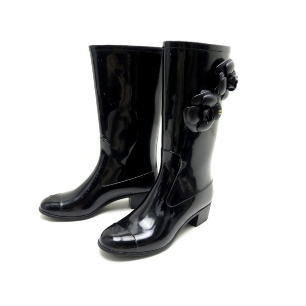 CHAUSSURES CHANEL BOTTES DE PLUIE CAMELIA 37 CAOUTCHOUC NOIR BOOTS SHOES 1000€