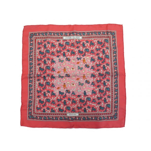 NEUF GAVROCHE HERMES CHASSE INDE CARRE 45 EN SOIE ROSE + BOITE SILK SCARF 170