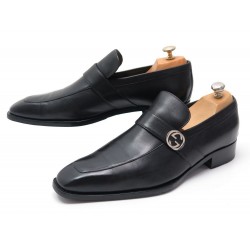CHAUSSURES GUCCI 114416 MOCASSINS T44 EN CUIR NOIR LOGO GG LOAFERS SHOES 600